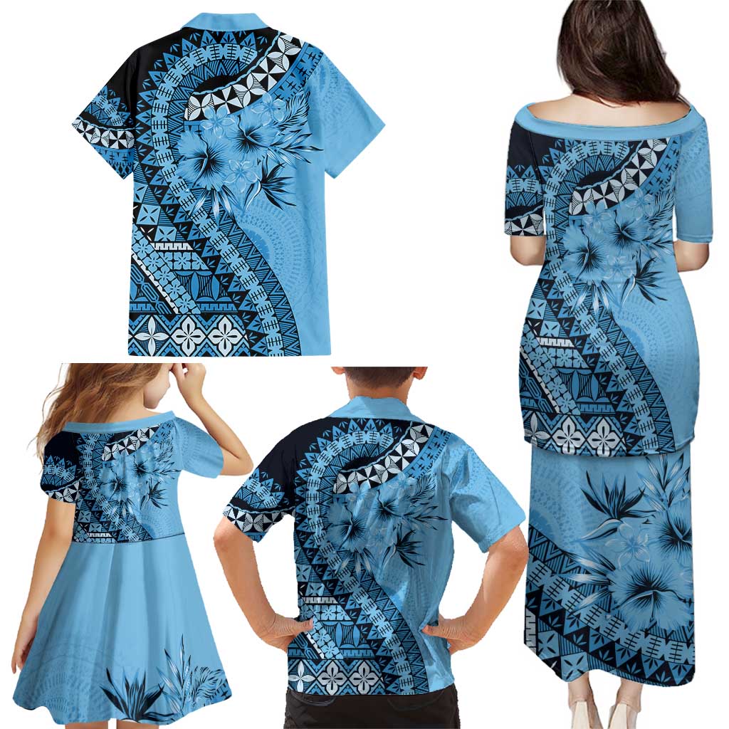 Bula Fiji Family Matching Puletasi and Hawaiian Shirt Turquoise Kaivity Masi Tapa