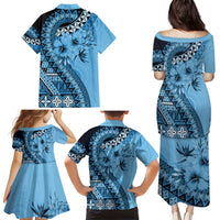 Bula Fiji Family Matching Puletasi and Hawaiian Shirt Turquoise Kaivity Masi Tapa