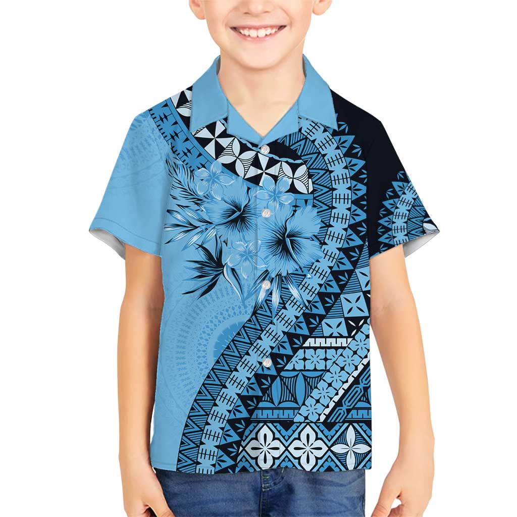 Bula Fiji Family Matching Puletasi and Hawaiian Shirt Turquoise Kaivity Masi Tapa