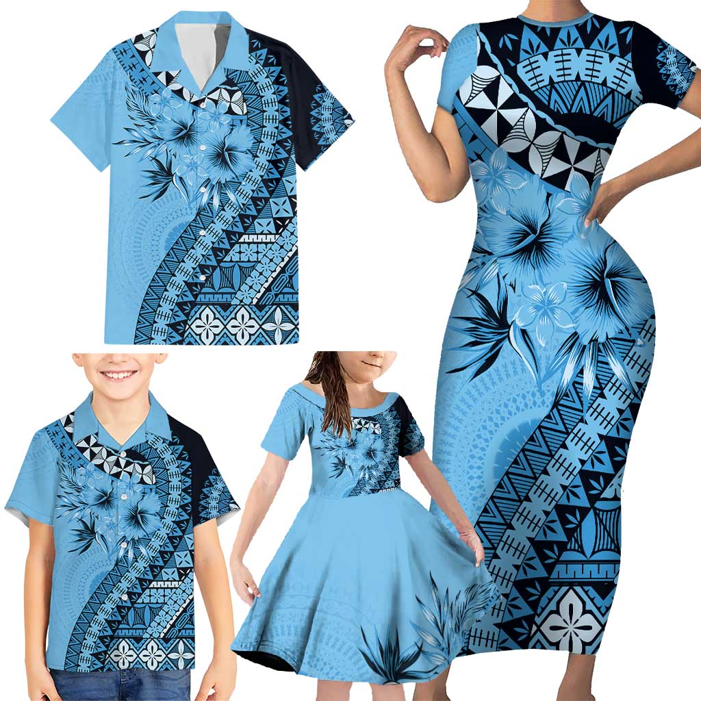 Bula Fiji Family Matching Short Sleeve Bodycon Dress and Hawaiian Shirt Turquoise Kaivity Masi Tapa