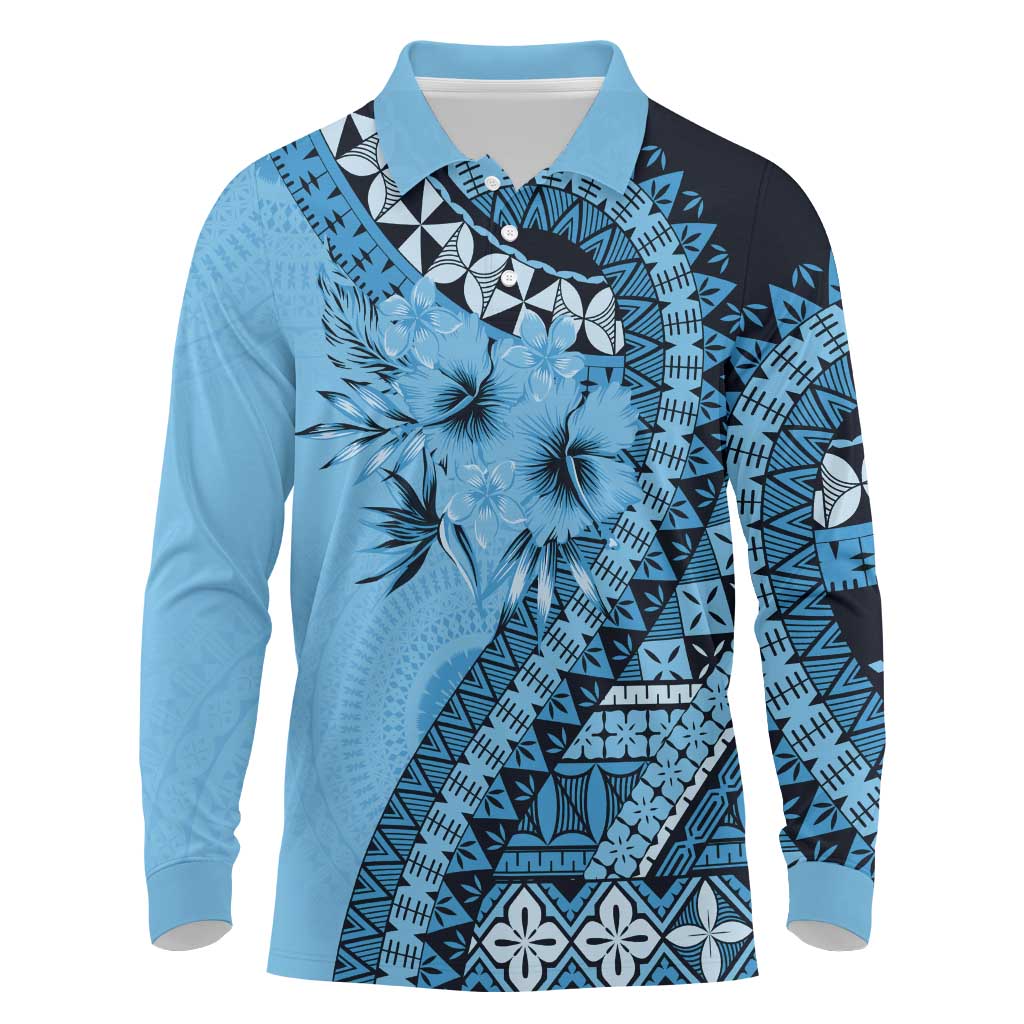 Bula Fiji Long Sleeve Polo Shirt Turquoise Kaivity Masi Tapa