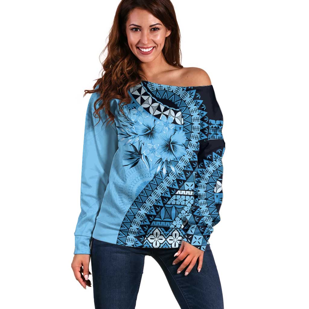 Bula Fiji Off Shoulder Sweater Turquoise Kaivity Masi Tapa