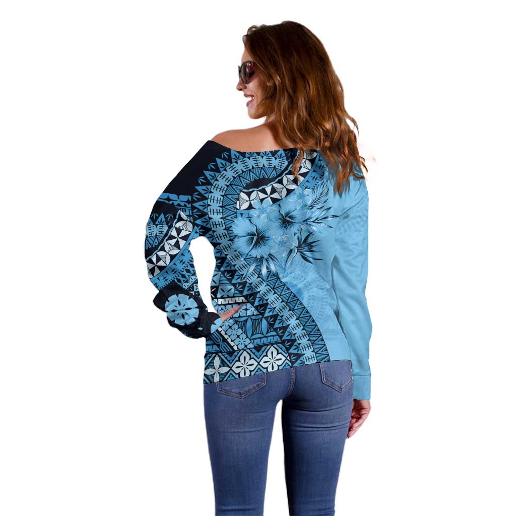 Bula Fiji Off Shoulder Sweater Turquoise Kaivity Masi Tapa