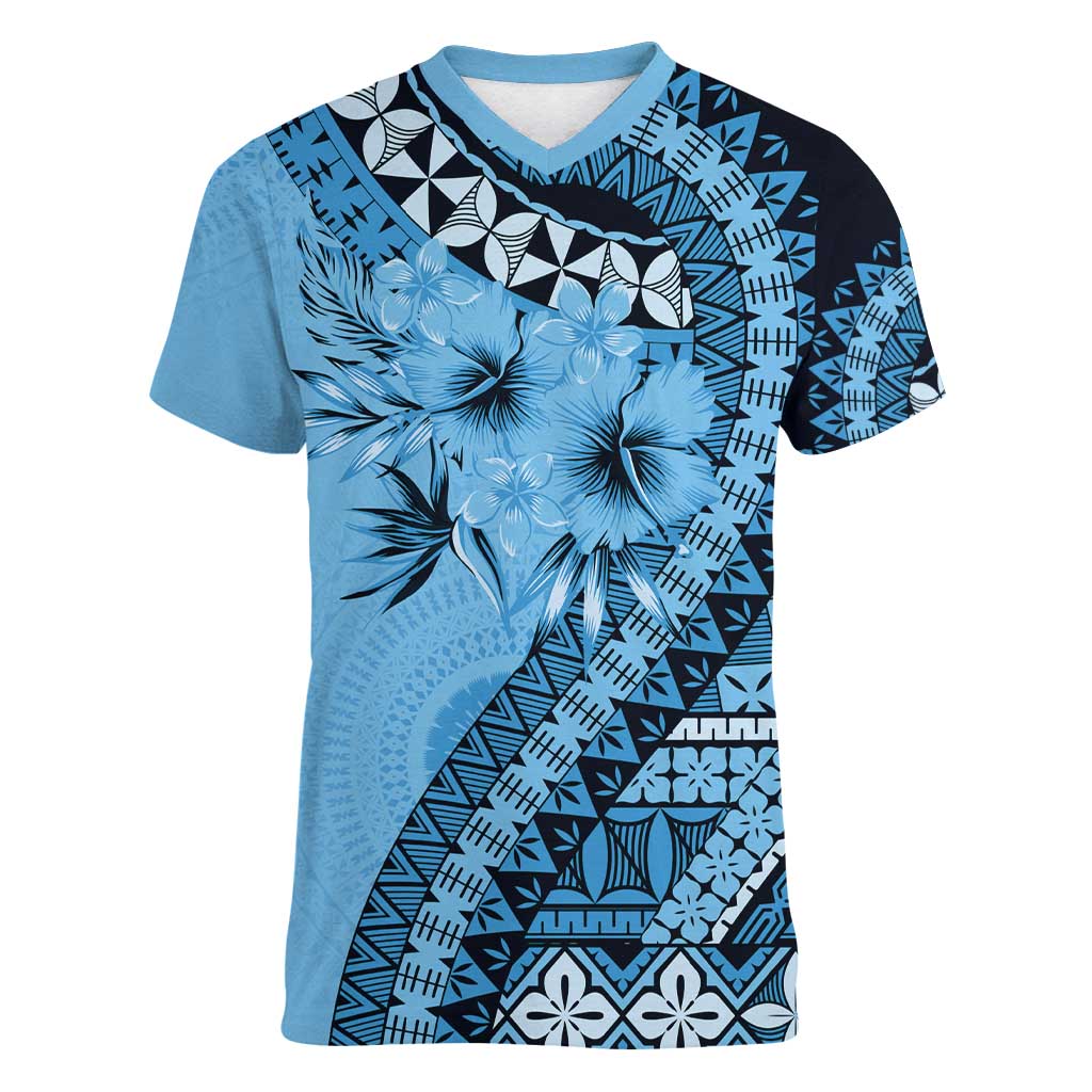 Bula Fiji Women V-Neck T-Shirt Turquoise Kaivity Masi Tapa