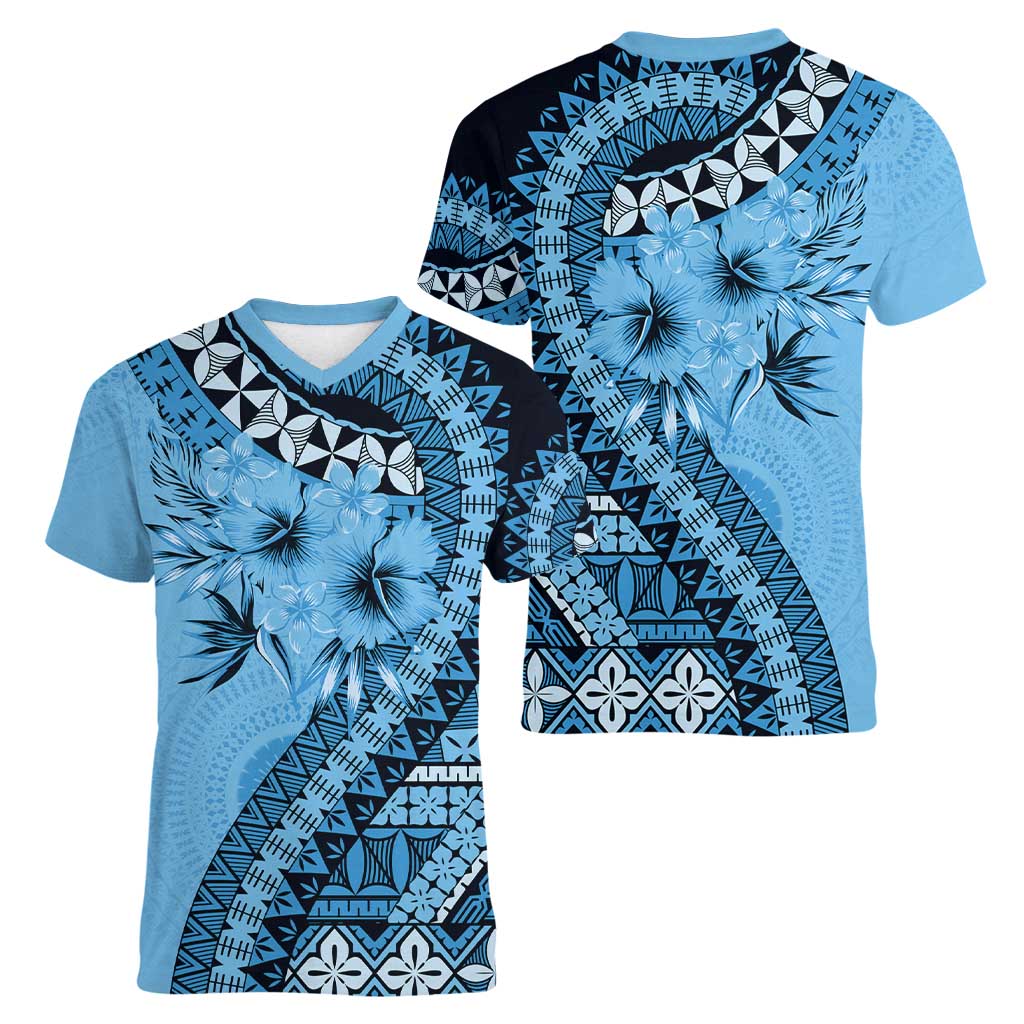 Bula Fiji Women V-Neck T-Shirt Turquoise Kaivity Masi Tapa