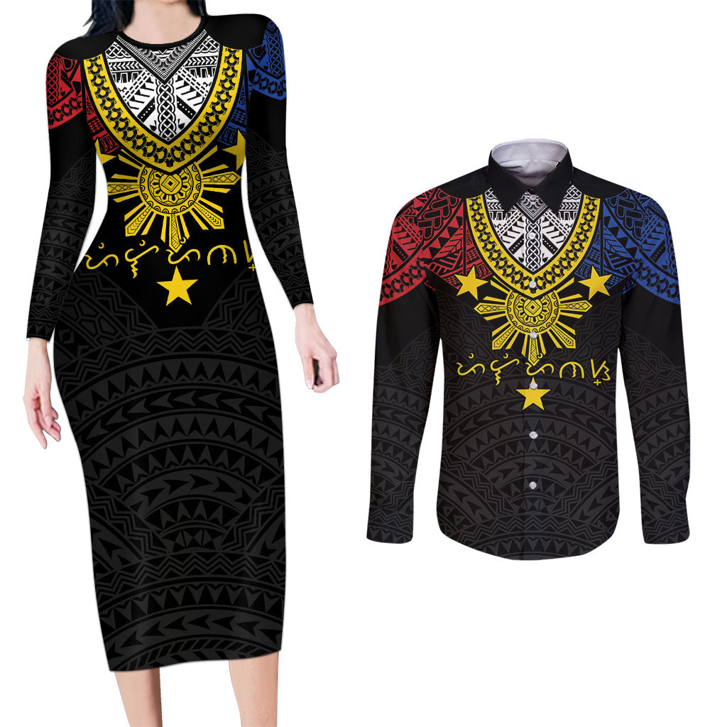 Philippines Heritage Baybayin Mix Polynesian Couples Matching Long Sleeve Bodycon Dress and Long Sleeve Button Shirt