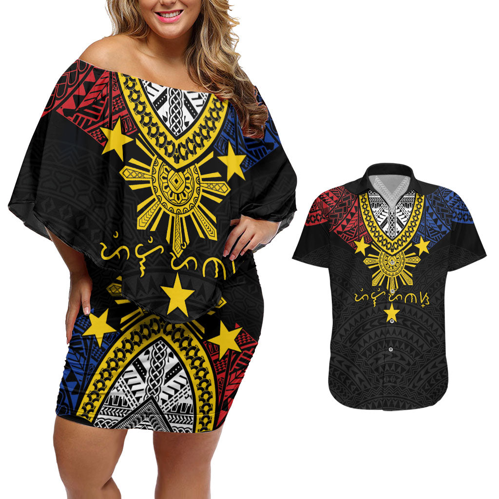 Philippines Heritage Baybayin Mix Polynesian Couples Matching Off Shoulder Short Dress and Hawaiian Shirt