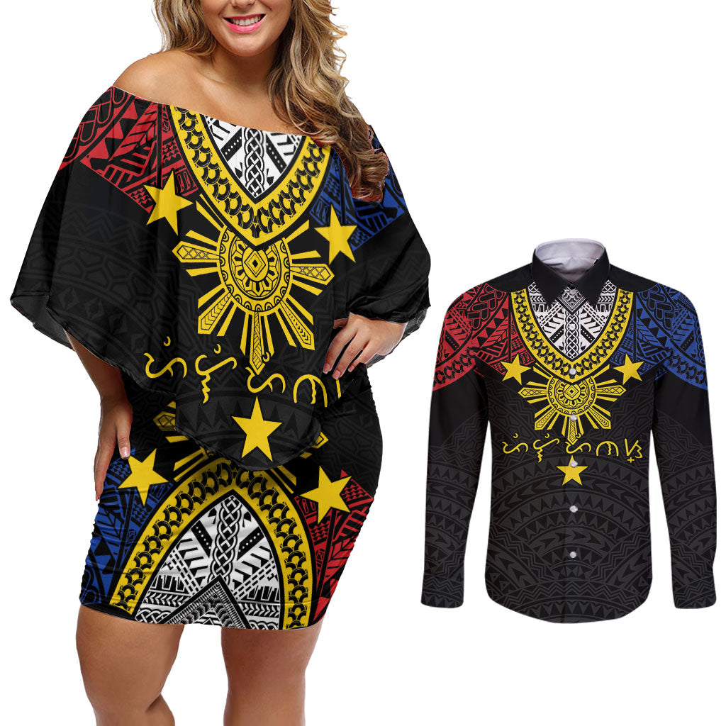 Philippines Heritage Baybayin Mix Polynesian Couples Matching Off Shoulder Short Dress and Long Sleeve Button Shirt