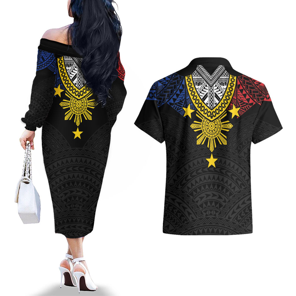 Philippines Heritage Baybayin Mix Polynesian Couples Matching Off The Shoulder Long Sleeve Dress and Hawaiian Shirt