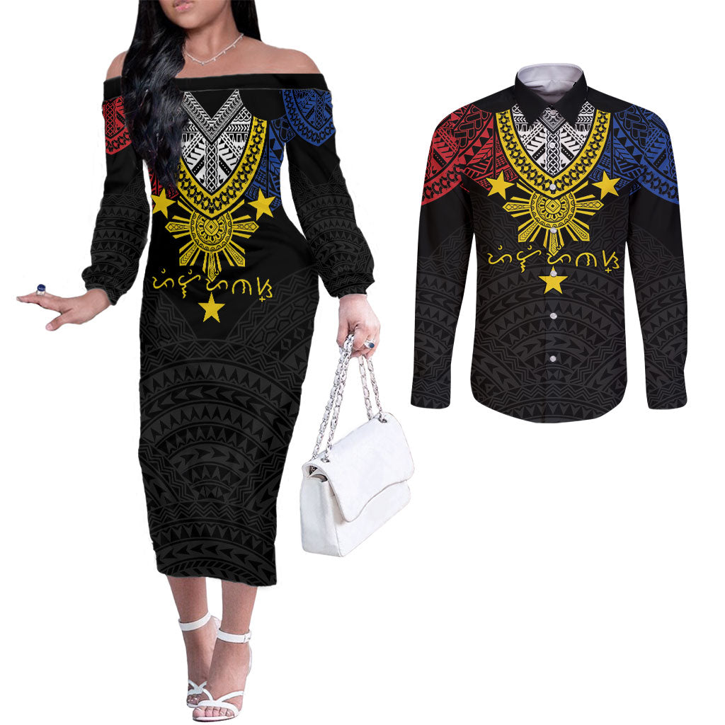 Philippines Heritage Baybayin Mix Polynesian Couples Matching Off The Shoulder Long Sleeve Dress and Long Sleeve Button Shirt