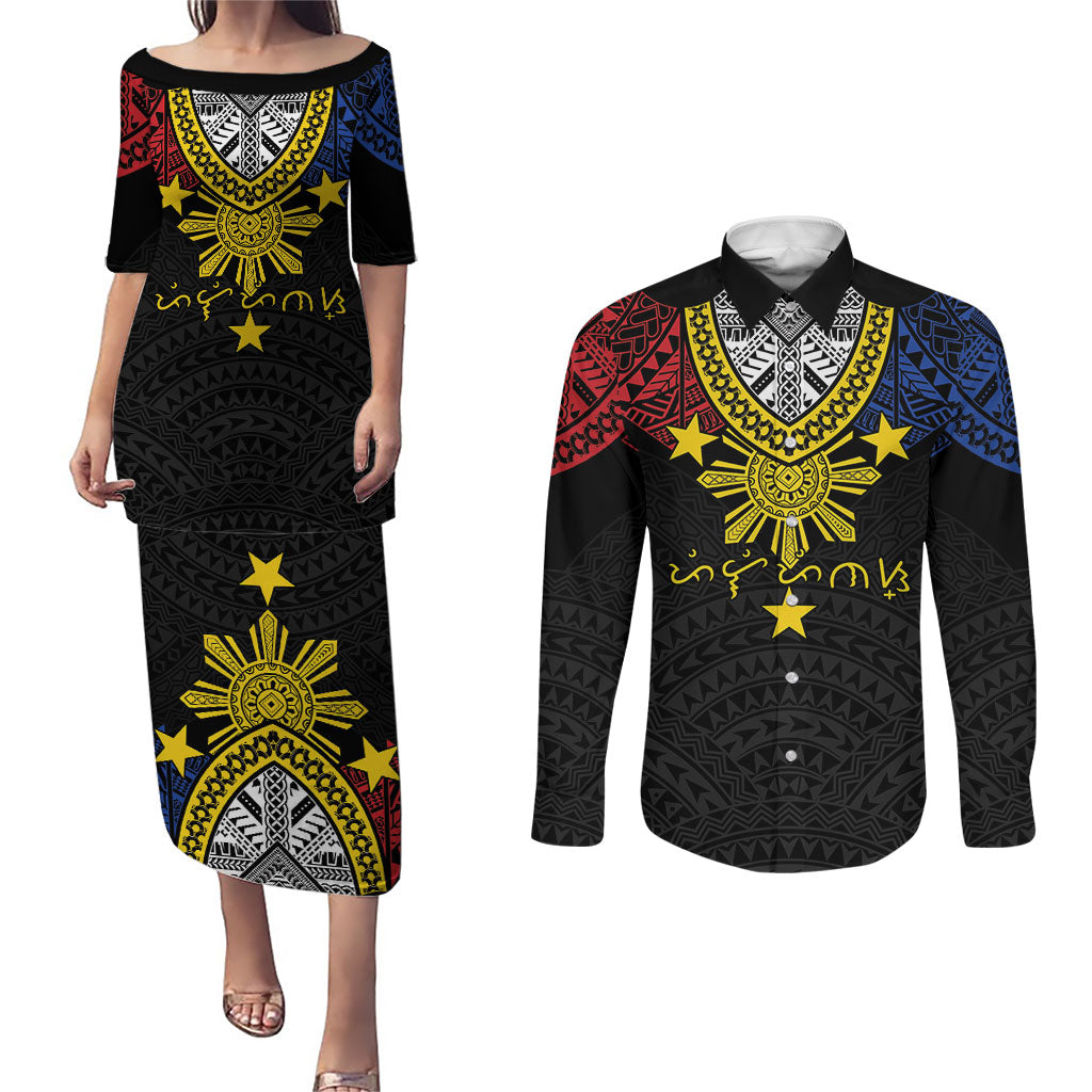 Philippines Heritage Baybayin Mix Polynesian Couples Matching Puletasi and Long Sleeve Button Shirt