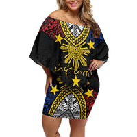Philippines Heritage Baybayin Mix Polynesian Family Matching Off Shoulder Short Dress and Hawaiian Shirt