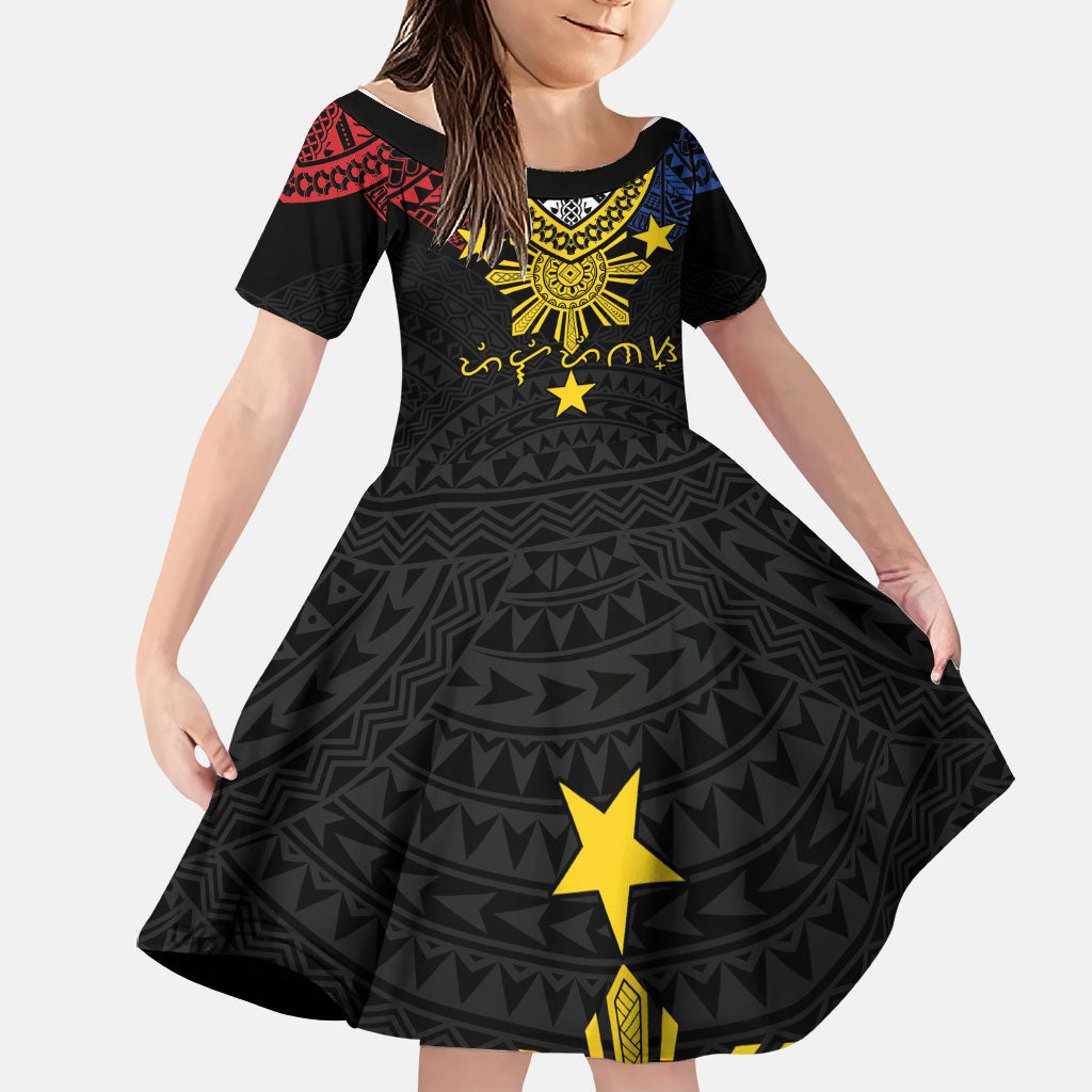 Philippines Heritage Baybayin Mix Polynesian Family Matching Puletasi and Hawaiian Shirt LT7 Daughter's Dress Black - Polynesian Pride