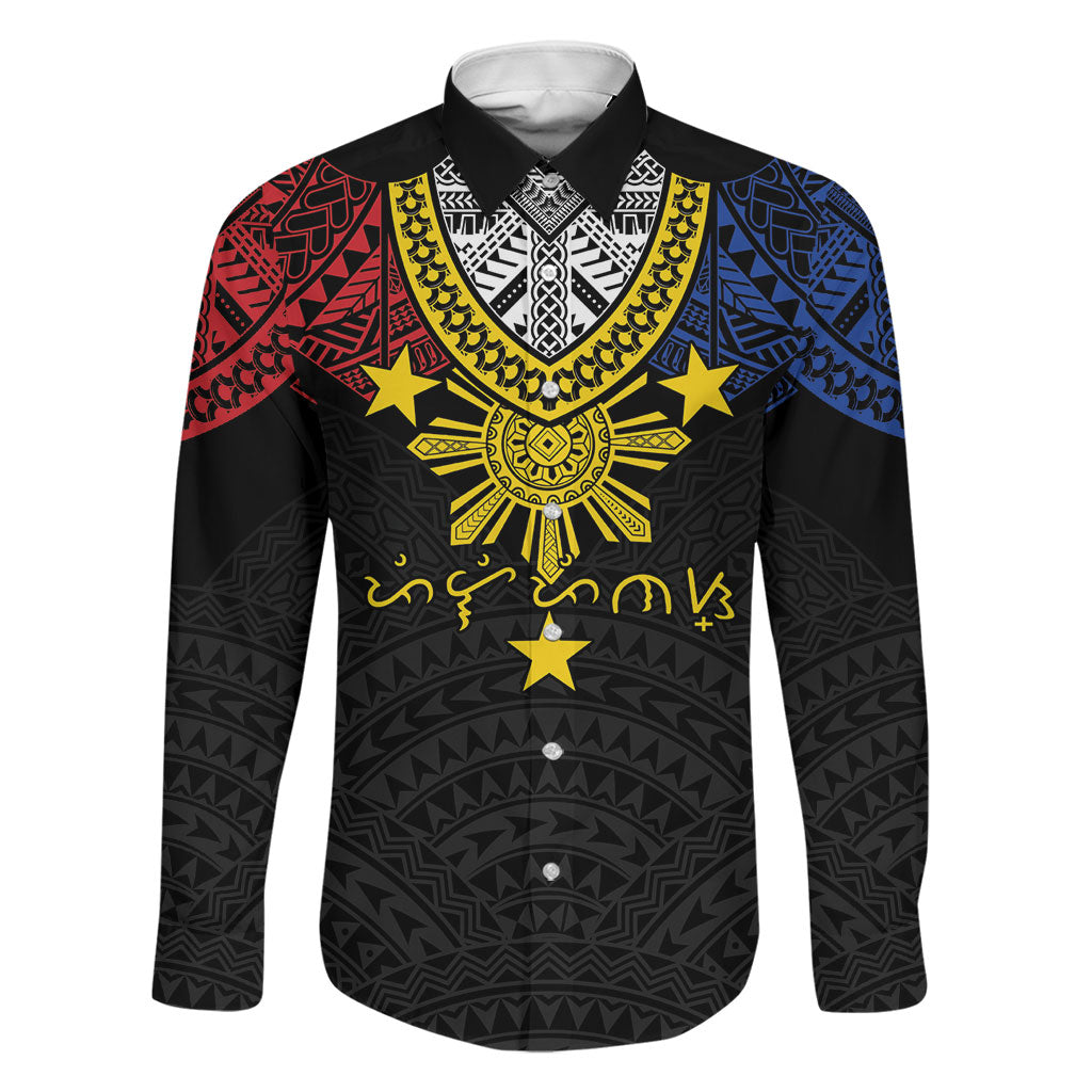 Philippines Heritage Baybayin Mix Polynesian Family Matching Puletasi and Hawaiian Shirt LT7 Dad's Shirt - Long Sleeve Black - Polynesian Pride
