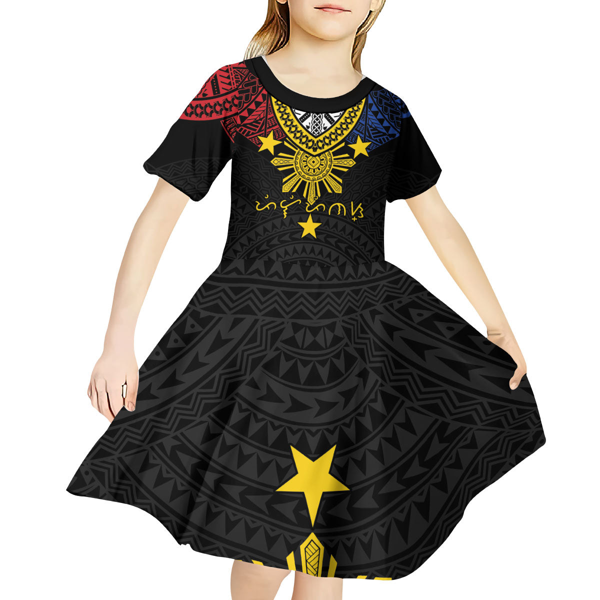 Philippines Heritage Baybayin Mix Polynesian Kid Short Sleeve Dress