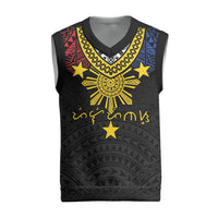 Philippines Heritage Baybayin Mix Polynesian Christmas Knitted V-Neck Vest LT7 Black - Polynesian Pride