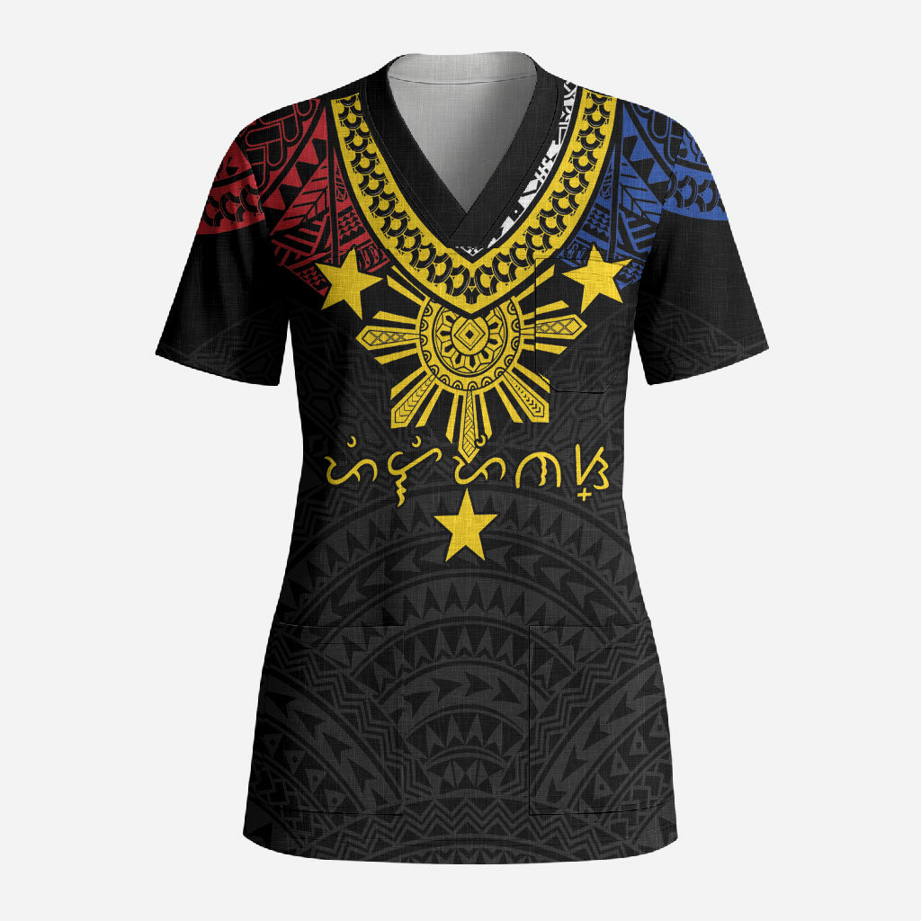 Philippines Heritage Baybayin Mix Polynesian Scrub Top LT7 Adult Black - Polynesian Pride