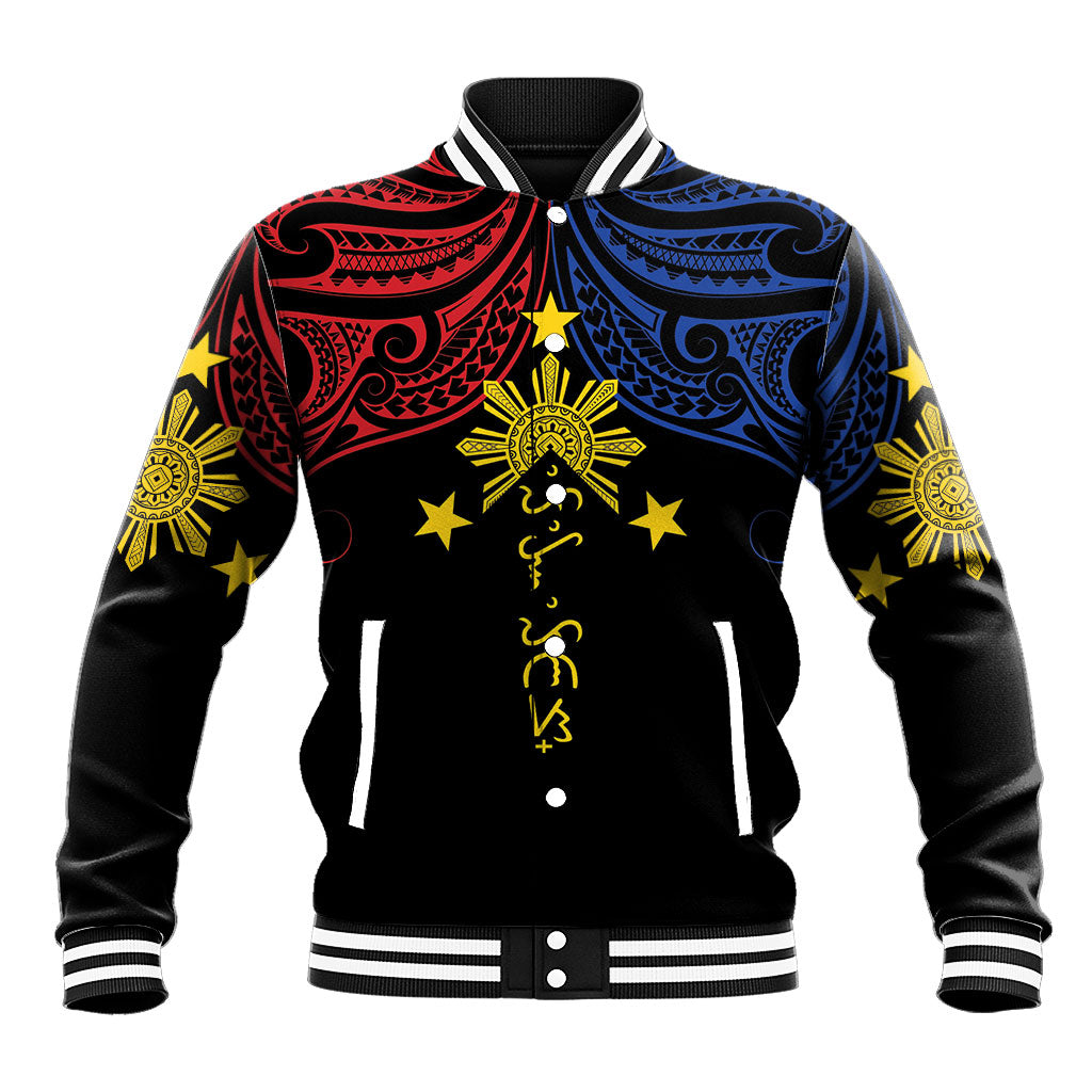 Philippines Heritage Personalized Baseball Jacket Baybayin Philipinas Sun LT7 Unisex Black - Polynesian Pride