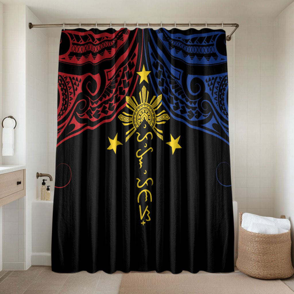 Philippines Heritage Bathroom Set Baybayin Philipinas Sun LT7 Shower Curtain Only Black - Polynesian Pride