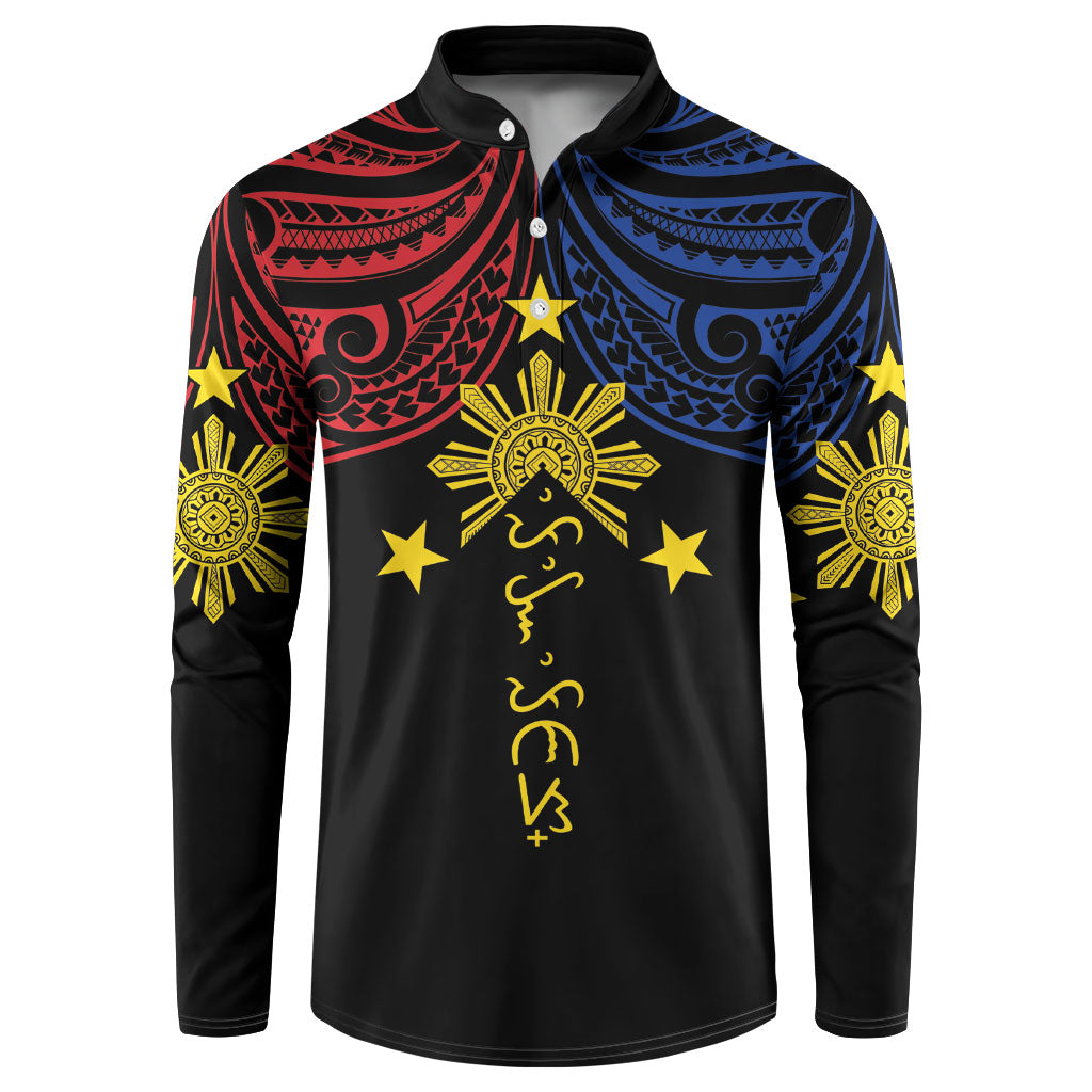 Philippines Heritage Personalized Button Sweatshirt Baybayin Philipinas Sun LT7 Black - Polynesian Pride