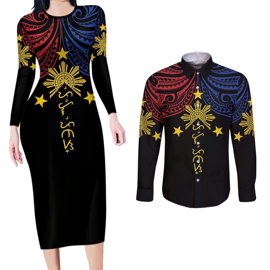 Philippines Heritage Personalized Couples Matching Long Sleeve Bodycon Dress and Long Sleeve Button Shirt Baybayin Philipinas Sun