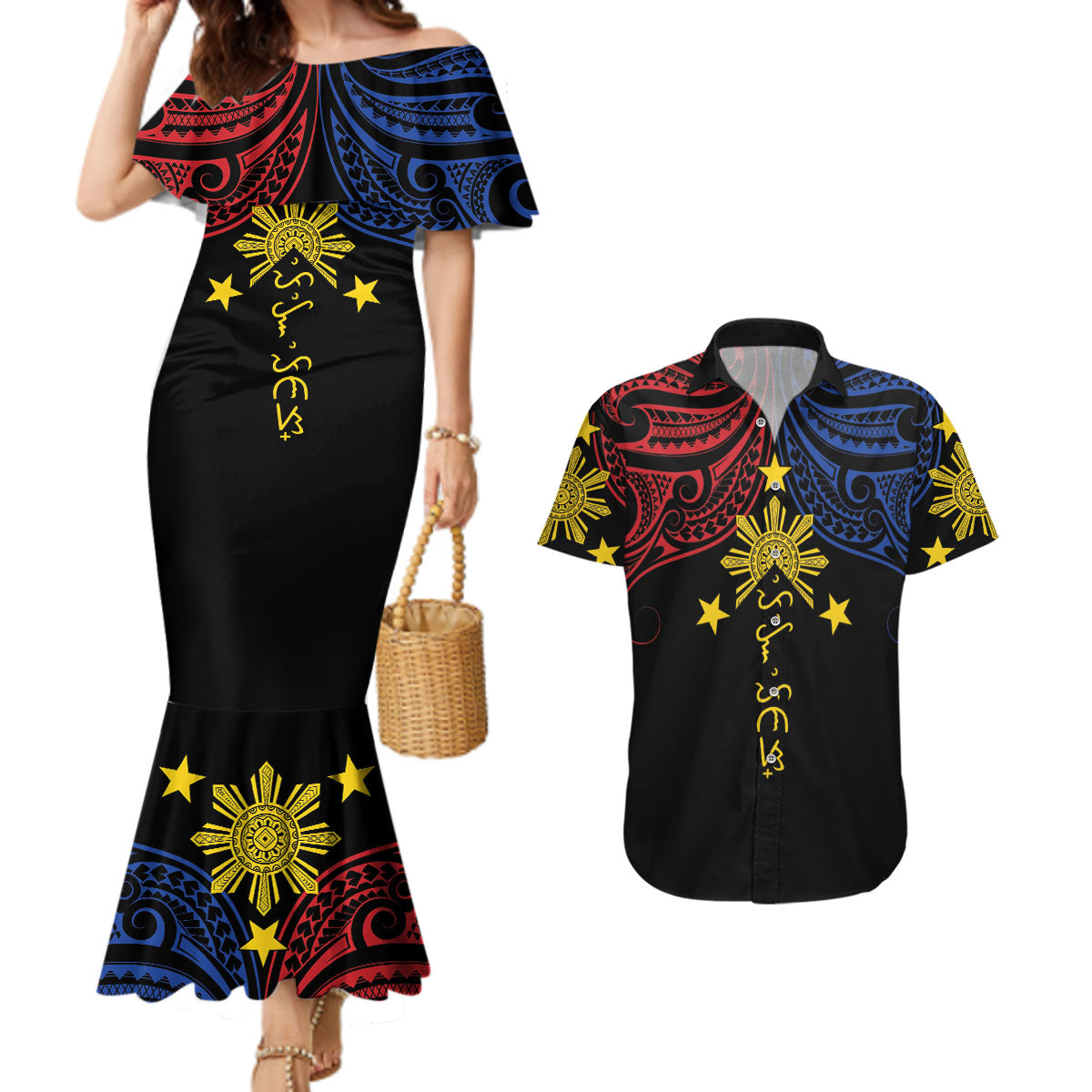 Philippines Heritage Personalized Couples Matching Mermaid Dress and Hawaiian Shirt Baybayin Philipinas Sun