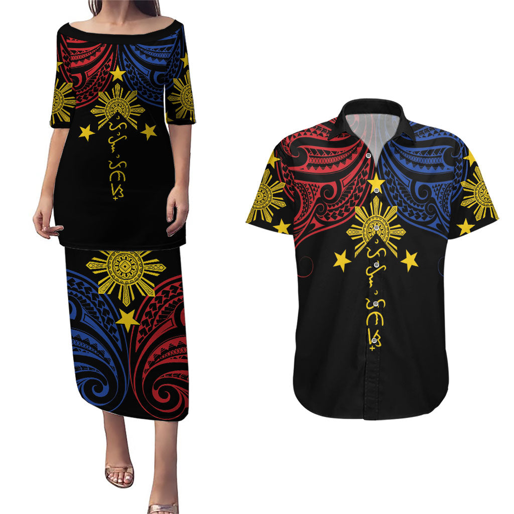 Philippines Heritage Personalized Couples Matching Puletasi and Hawaiian Shirt Baybayin Philipinas Sun