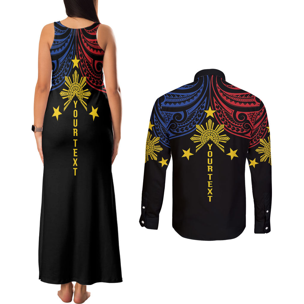 Philippines Heritage Personalized Couples Matching Tank Maxi Dress and Long Sleeve Button Shirt Baybayin Philipinas Sun