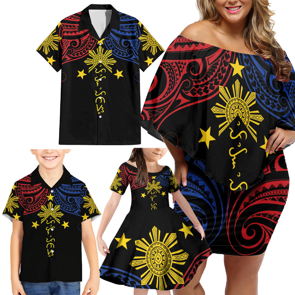 Philippines Heritage Personalized Family Matching Off Shoulder Short Dress and Hawaiian Shirt Baybayin Philipinas Sun