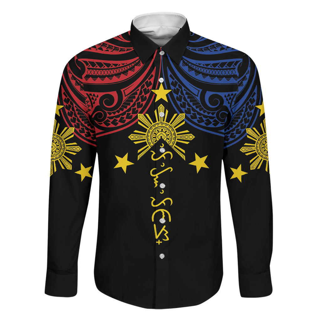 Philippines Heritage Personalized Family Matching Tank Maxi Dress and Hawaiian Shirt Baybayin Philipinas Sun LT7 Dad's Shirt - Long Sleeve Black - Polynesian Pride