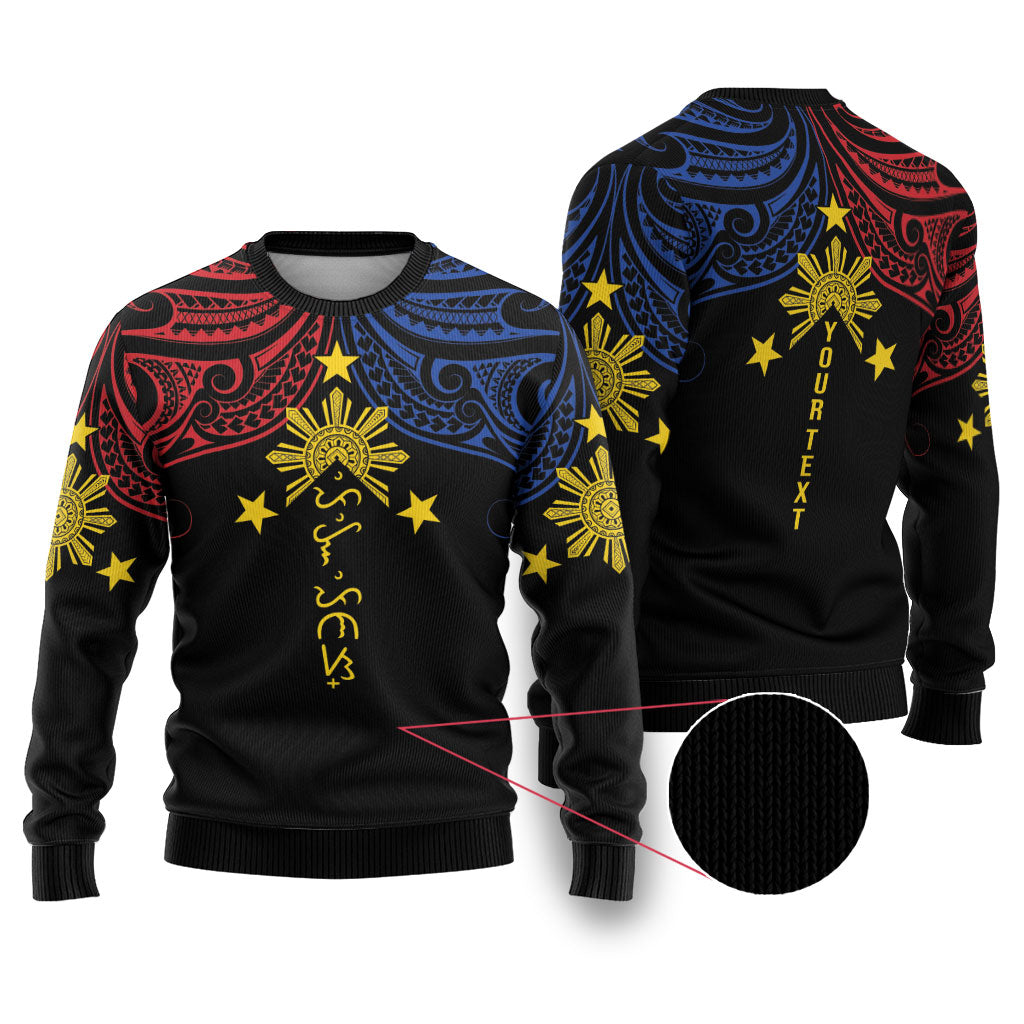 Philippines Heritage Personalized Ugly Christmas Sweater Baybayin Philipinas Sun