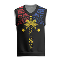 Philippines Heritage Personalized Christmas Knitted V-Neck Vest Baybayin Philipinas Sun LT7 Black - Polynesian Pride