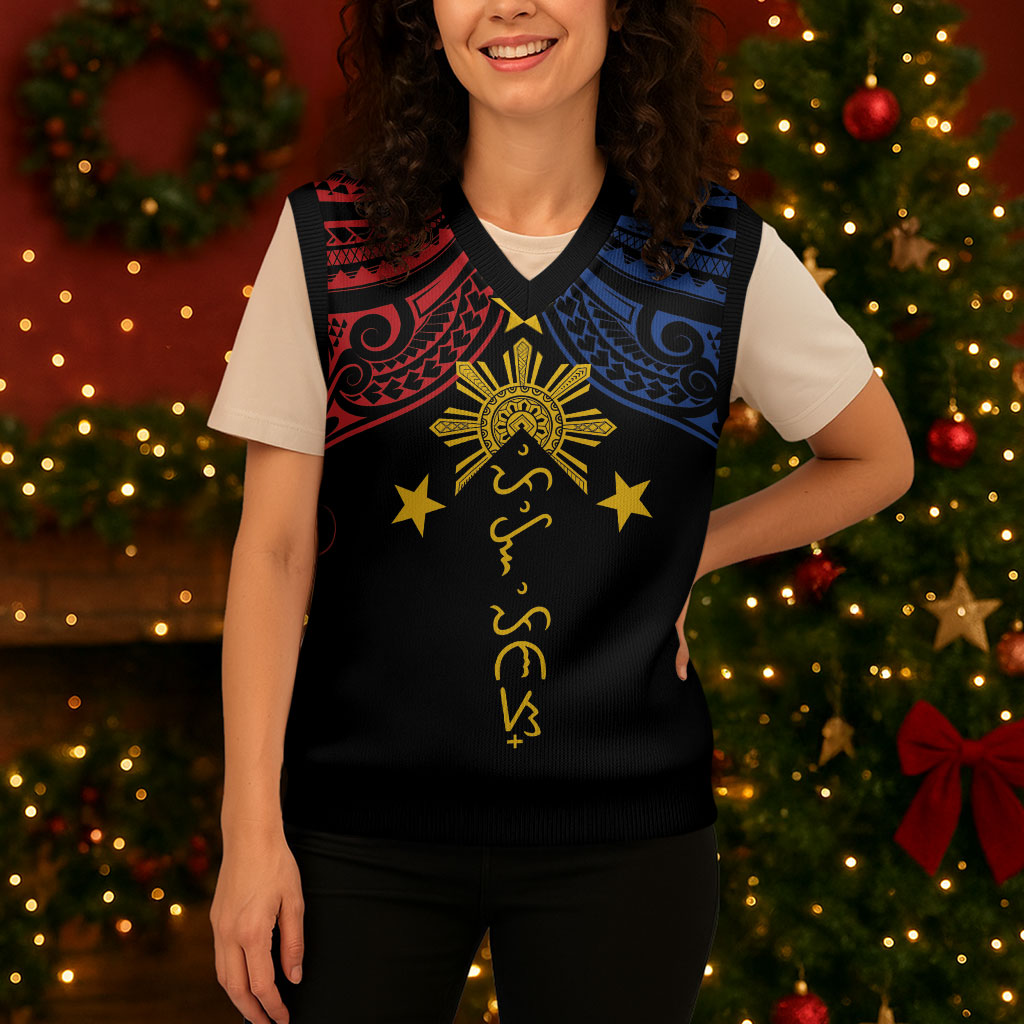 Philippines Heritage Personalized Christmas Knitted V-Neck Vest Baybayin Philipinas Sun LT7 - Polynesian Pride
