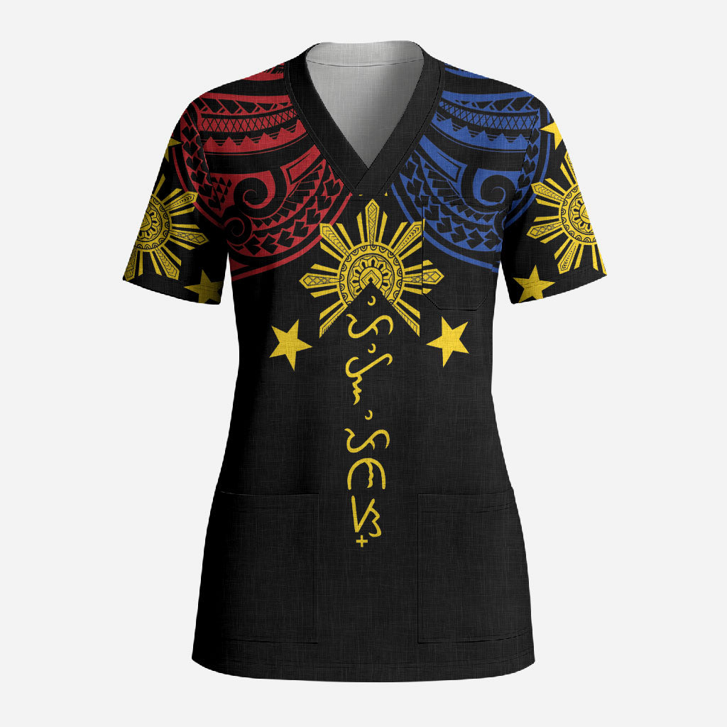 Philippines Heritage Personalized Scrub Top Baybayin Philipinas Sun