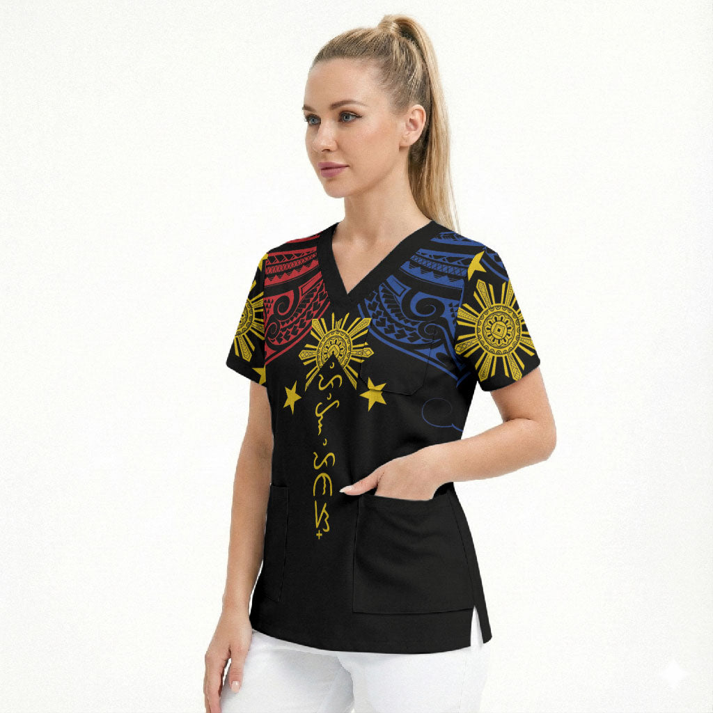 Philippines Heritage Personalized Scrub Top Baybayin Philipinas Sun