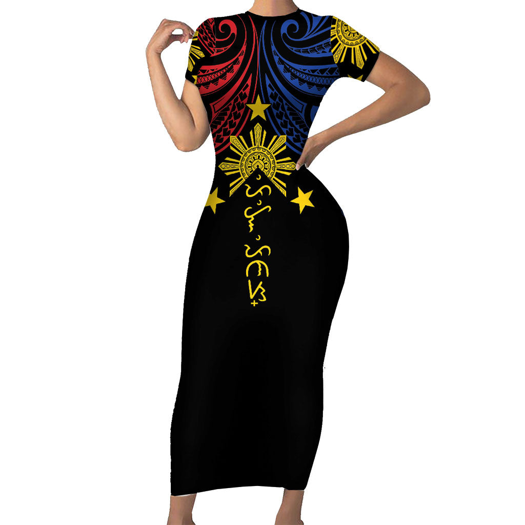 Philippines Heritage Personalized Short Sleeve Bodycon Dress Baybayin Philipinas Sun