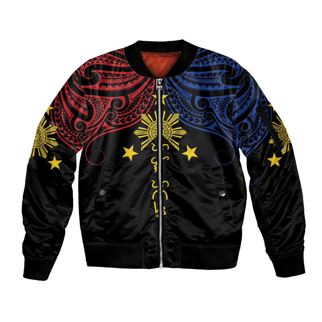 Philippines Heritage Personalized Sleeve Zip Bomber Jacket Baybayin Philipinas Sun LT7 Unisex Black - Polynesian Pride