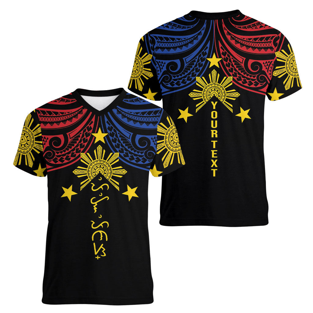 Philippines Heritage Personalized Women V-Neck T-Shirt Baybayin Philipinas Sun