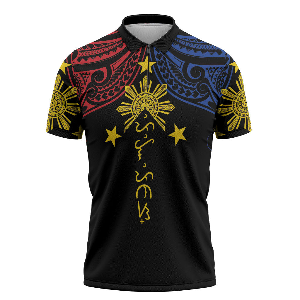 Philippines Heritage Personalized Zipper Polo Shirt Baybayin Philipinas Sun