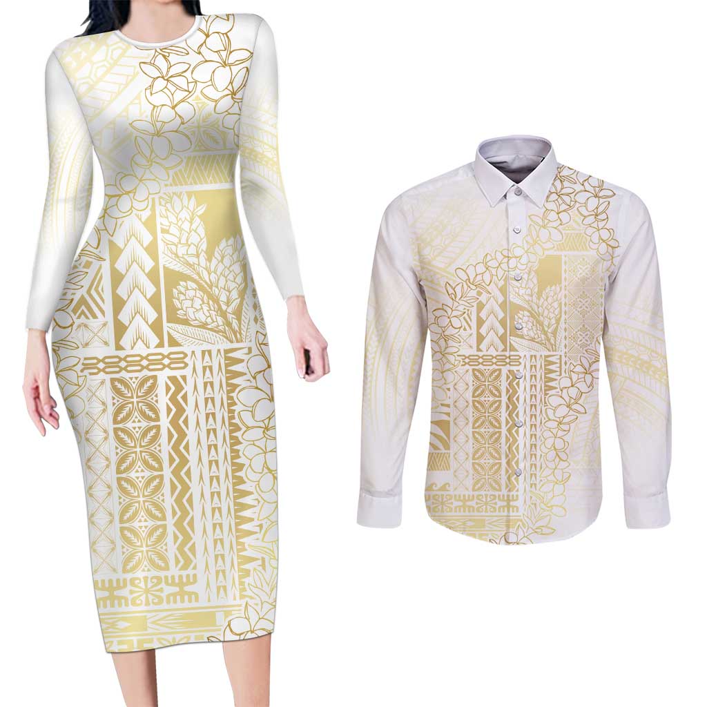 Samoa Lotu Tamaiti Mamanu Siapo Couples Matching Long Sleeve Bodycon Dress and Long Sleeve Button Shirt Golden Plumeria - Polynesian Pride