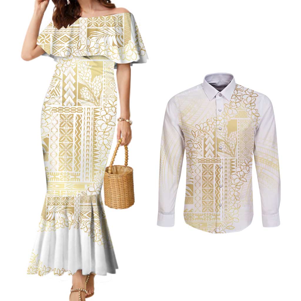 Samoa Lotu Tamaiti Mamanu Siapo Couples Matching Mermaid Dress and Long Sleeve Button Shirt Golden Plumeria - Polynesian Pride