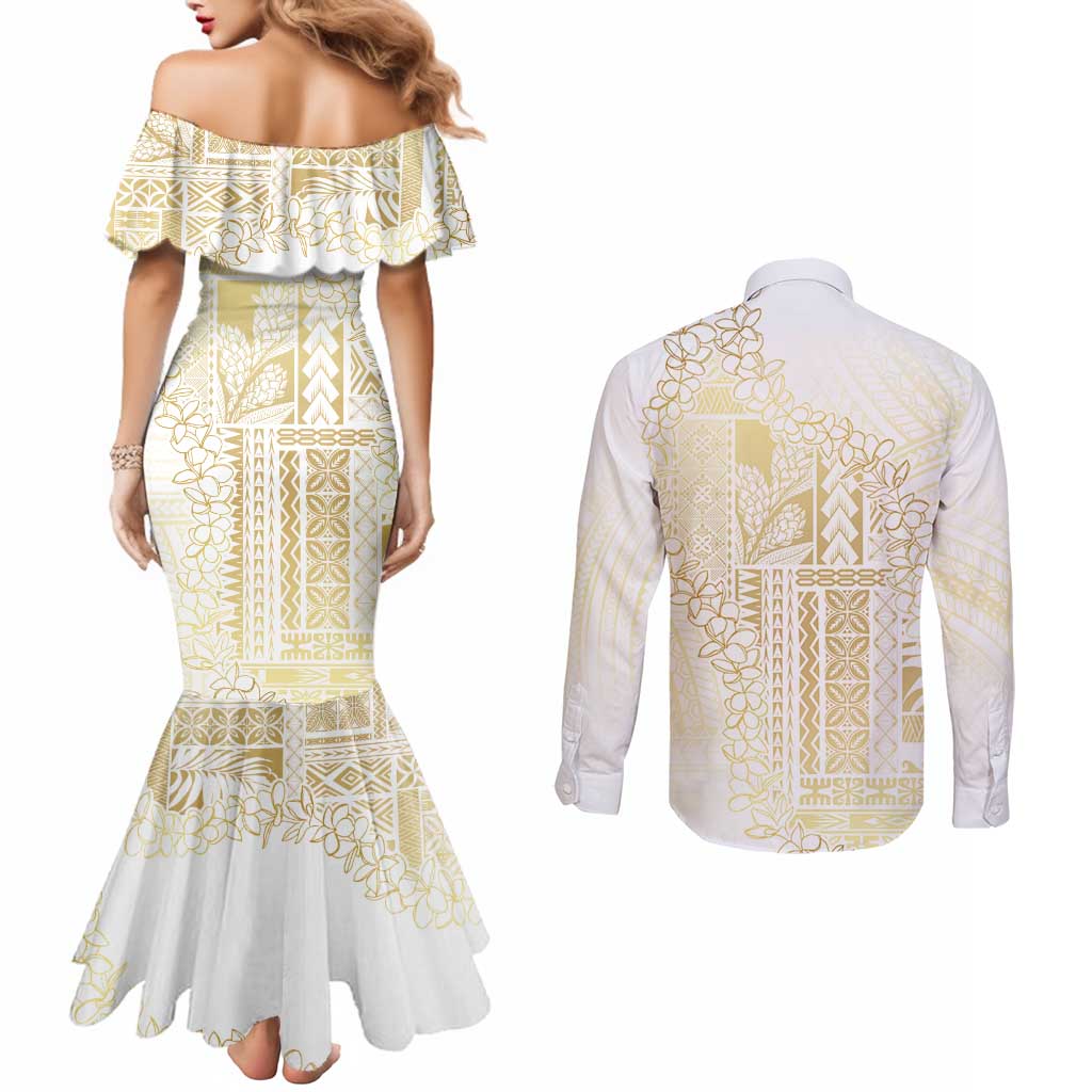 Samoa Lotu Tamaiti Mamanu Siapo Couples Matching Mermaid Dress and Long Sleeve Button Shirt Golden Plumeria - Polynesian Pride