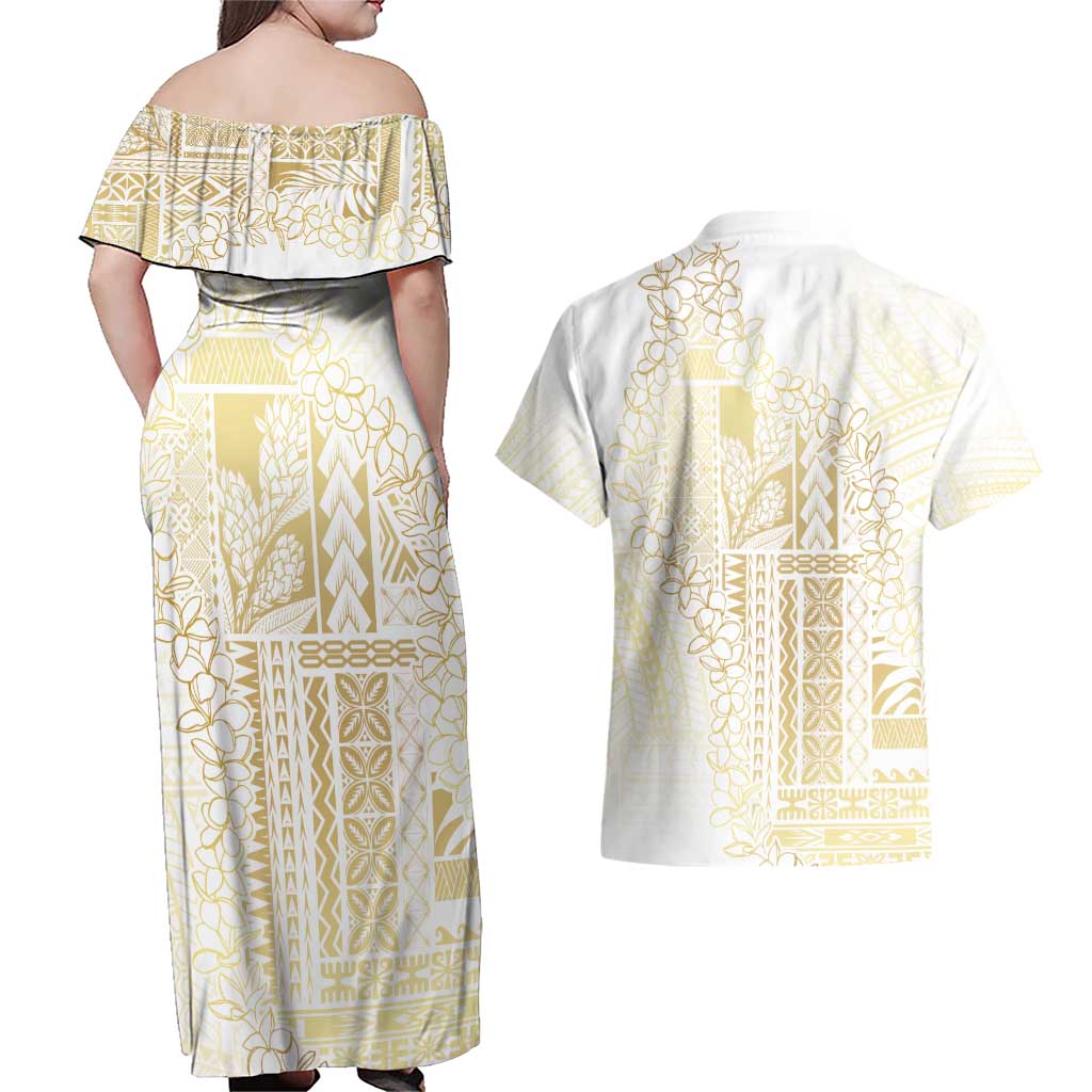 Samoa Lotu Tamaiti Mamanu Siapo Couples Matching Off Shoulder Maxi Dress and Hawaiian Shirt Golden Plumeria - Polynesian Pride