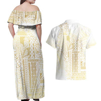 Samoa Lotu Tamaiti Mamanu Siapo Couples Matching Off Shoulder Maxi Dress and Hawaiian Shirt Golden Plumeria - Polynesian Pride