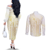 Samoa Lotu Tamaiti Mamanu Siapo Couples Matching Off The Shoulder Long Sleeve Dress and Long Sleeve Button Shirt Golden Plumeria - Polynesian Pride