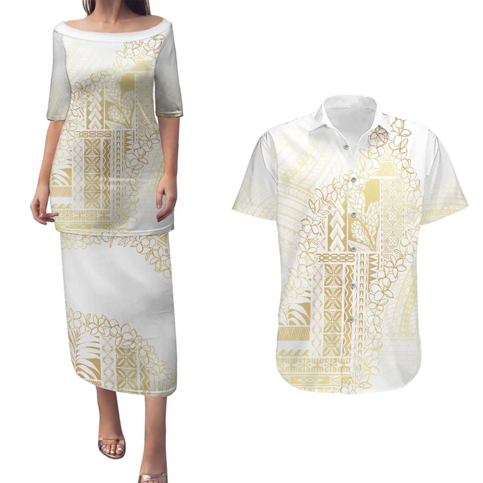 Samoa Lotu Tamaiti Mamanu Siapo Couples Matching Puletasi and Hawaiian Shirt Golden Plumeria - Polynesian Pride
