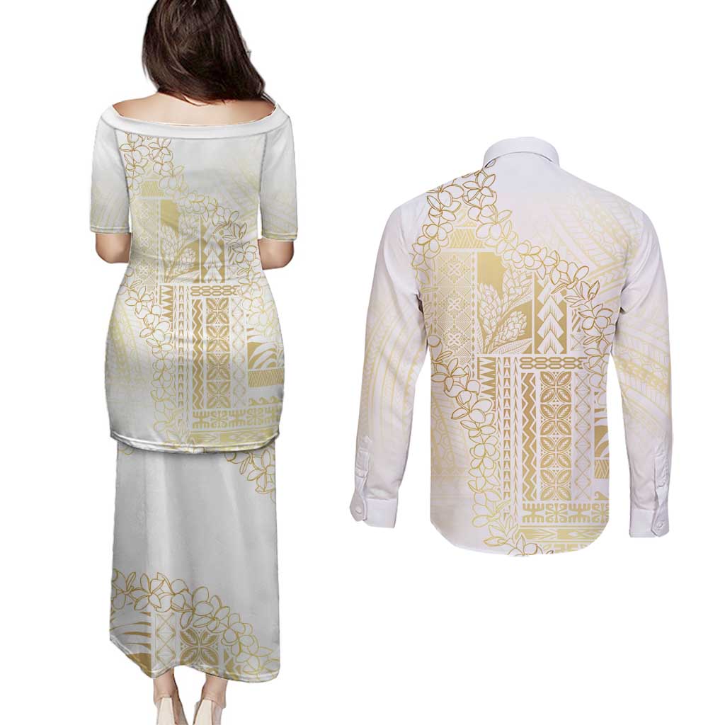 Samoa Lotu Tamaiti Mamanu Siapo Couples Matching Puletasi and Long Sleeve Button Shirt Golden Plumeria - Polynesian Pride