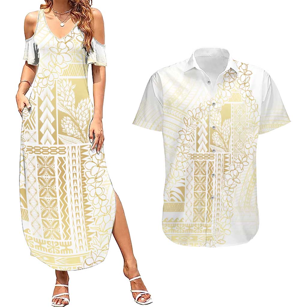 Samoa Lotu Tamaiti Mamanu Siapo Couples Matching Summer Maxi Dress and Hawaiian Shirt Golden Plumeria - Polynesian Pride
