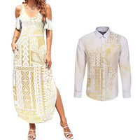 Samoa Lotu Tamaiti Mamanu Siapo Couples Matching Summer Maxi Dress and Long Sleeve Button Shirt Golden Plumeria - Polynesian Pride