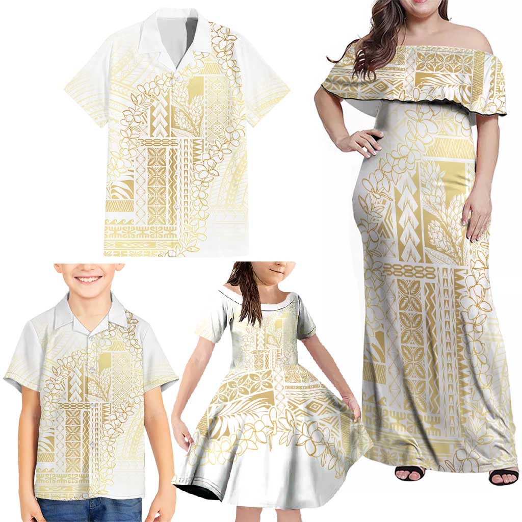 Samoa Lotu Tamaiti Mamanu Siapo Family Matching Off Shoulder Maxi Dress and Hawaiian Shirt Golden Plumeria - Polynesian Pride